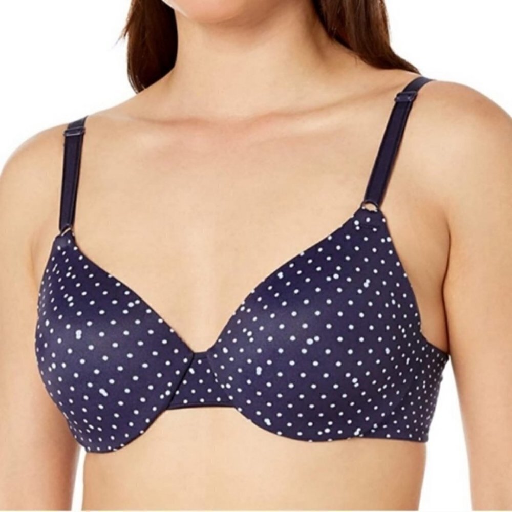 WARNER'S t-shirt bra navy blue polkadot 36C c061